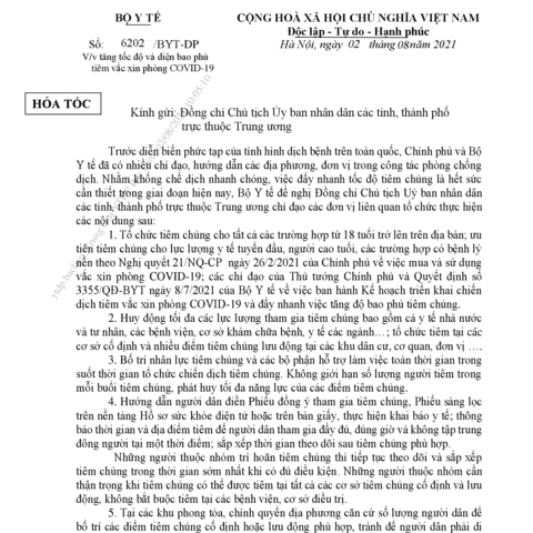 Công văn của Bộ Y tế: Về việc tăng tốc độ và diện bao phủ tiêm vắc xin phòng COVID-19.